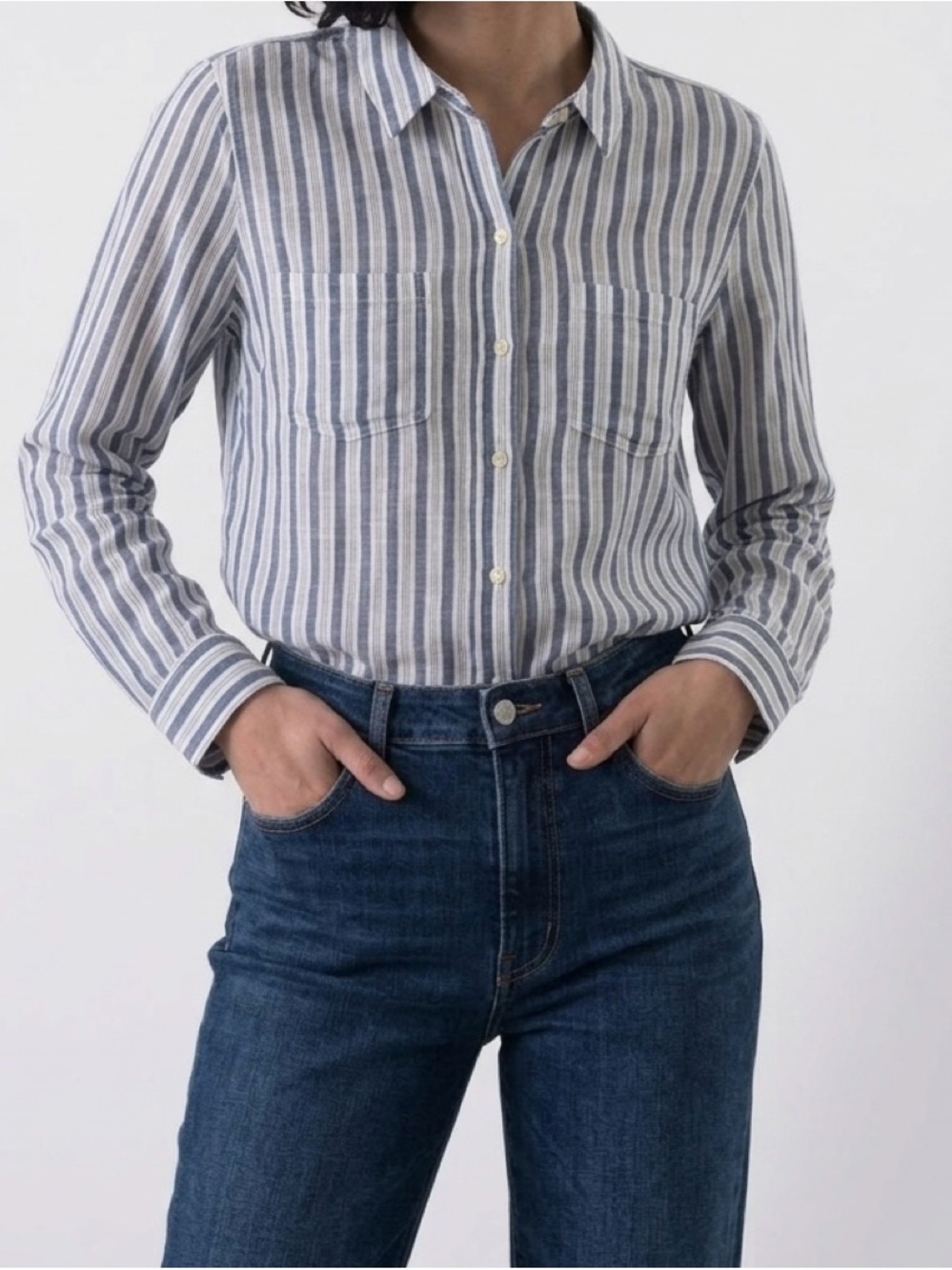 Lucky Brand Blue and White Vertical Stripe Button-Down Shirt